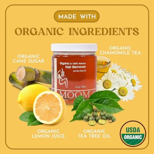 MOOM Organic Sugar Wax with Tea Tree Oil (12 oz) + 48 Reusable Polycotton Waxing Strips ? Gentle Hair Removal Kit for Face, Bikini, Legs & Body ? Natural & Vegan for Women & Men (Sticks NOT Included)