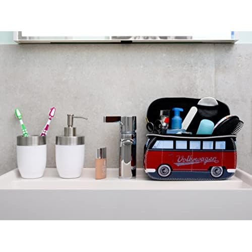 BRISA VW Collection - Volkswagen Neoprene Universal Makeup Cosmetics Toiletry Travel Pharmacy Bag in T1 Bus Design (Red/Black) (Small (9.1 x 4.3 x 3.1 inches))