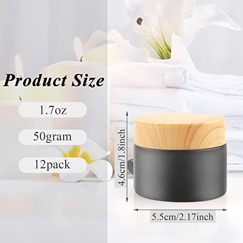 12 Pack 50gram/1.7oz Glass Cream Jars Empty Frosted Sample Containers Refillable Cosmetic Jar Vials with Plastic Wood Grain Lid&Inner Liner for Lotion Face Cream Moisturiser Gel Ointment - Black