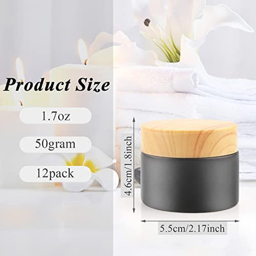 12 Pack 50gram/1.7oz Glass Cream Jars Empty Frosted Sample Containers Refillable Cosmetic Jar Vials with Plastic Wood Grain Lid&Inner Liner for Lotion Face Cream Moisturiser Gel Ointment - Black