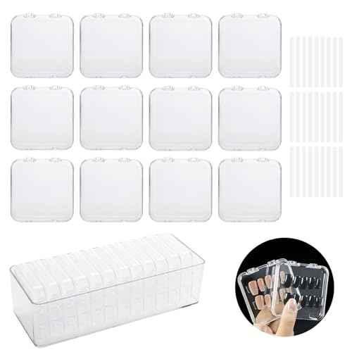 12 Pcs 2.75" Press On Nail Storage Box Container False Nail Organizer Acrylic Display Case Packaging Box with Adhesive Double Sided Tape for Nail Art (Not Included Press On Nail)