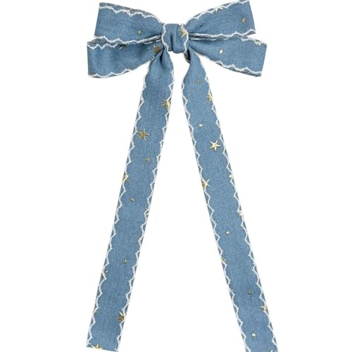 Blue Denim Hair Clip Pin Bow Girls Blue Jeans HairClip Girls Large Bows HairPin BW01 (Set J)