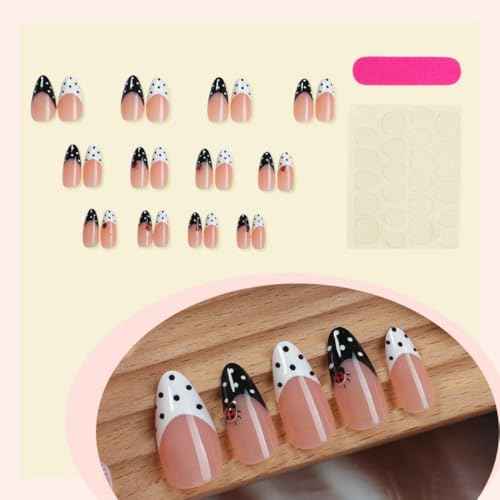 Polka Dot Press on Nails Medium Almond Nails Press on with Insects Bugs Design Glossy Black White French Tips Glue on Nails Reusable Full Cover Dots Nail Fall Winter Fake Nail for Women Manicure 24Pcs