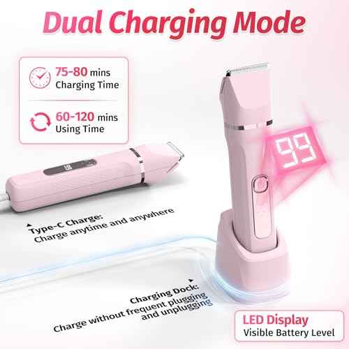 Bikini Trimmer for Women,5-in-1 Electric Razors for Women,Electric Shaver for Women's,IPX7 Waterproof Trimmer for Men Legs,with 5 Replaceable Blade Heads,USB Recharge Dock（Pink）
