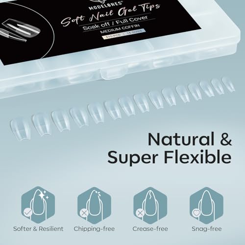 Modelones Medium Coffin Half Matte Nail Tips 510pcs - Clear, Pre-etched, Durable