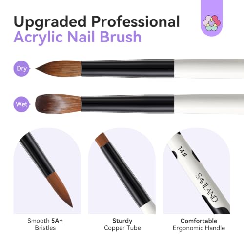 Saviland 3pcs Acrylic Nail Brush Set - Kolinsky Hair, Sizes 8/10/14