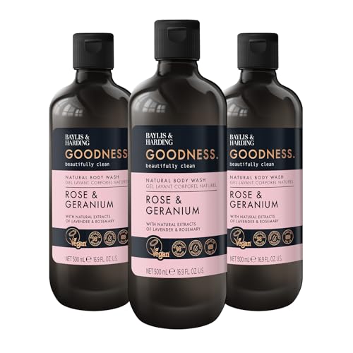 Baylis & Harding Goodness Rose & Geranium Natural Body Wash 16.9 fl. oz (Pack of 3) - Biodegradable Formula - Vegan Friendly