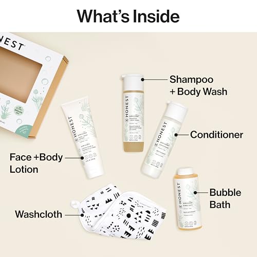 The Honest Company Fragrance-Free Bathtime Gift Set, Hypoallergenic, Bath Essentials for Sensitive Skin, Shampoo and Body Wash, Face Lotion, Bubble Bath, Conditioner, Wash Cloth