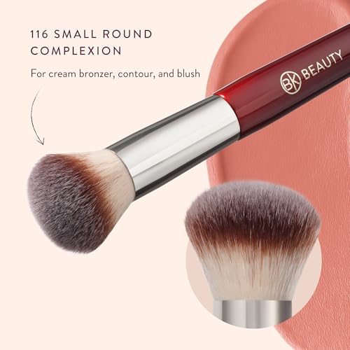 BK BEAUTY 116 SMALL ROUND COMPLEXION BRUSH ? Compact Round Makeup Brush for Precise Blending of Cream Blush, Contour, Bronzer & Foundation, Vegan Bristles
