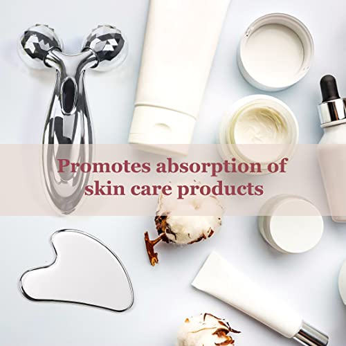 Stainless Steel Gua Sha and Face Roller Set, Facial Tool for Face Sculpting, Metal Skin Care, Massager for Women