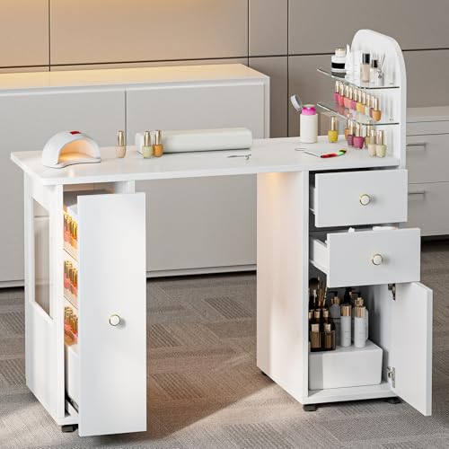 Professional Nail Desk with LED Display Cabinet & Storage