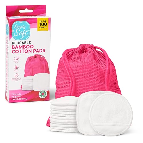 Simply Soft Reusable Cotton Rounds, 14 Count, Makeup Remover Pads for All Skin Types, Sustainable, Minimizes Waste, Dermatologically Tested (7 Rounds and 7 Squares with 1 Washable Mesh Bag)