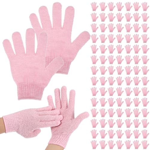 Rainmae Pink Exfoliating Gloves 50 Pairs Bulk Body Scrub Mitts for Shower & Spa