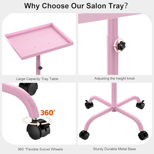 Adjustable Salon Tray Cart with Wheels - Pink Rolling Storage