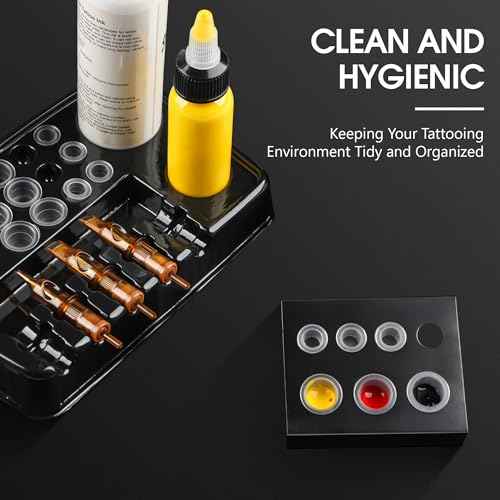 RHEIN 18 Tattoo Dip Foam Cup 2 Ink Cup Holders 12 Ink Tray Cleaning Needles Tip Tattoo Cleaning Supplies Disposable Professional