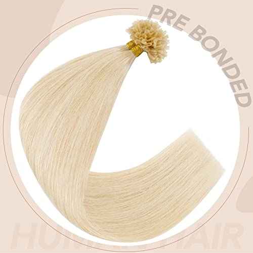S-noilite U Tip Hair Extensions Human Hair Blonde U Tip Fusion Hair Pre Bonded Nail Tipped Hair Italian Keratin Glue Remy Human Hair Straight 100 Strands/50g 16" (#60 Platinum Blonde)