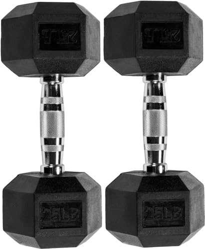 Signature Fitness Rubber Encased Hex Dumbbell, 25LB Pair