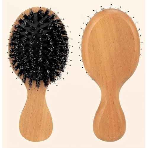 Mini Boar Bristle Hair Brush - Travel Size Mini Hair Brush for Detangle Massage Add Shine, Toddler Hairbrush Perfect for Baby Kids Men Women for Thick, Curly, Thin, Long, Short, Wet or Dry Hair