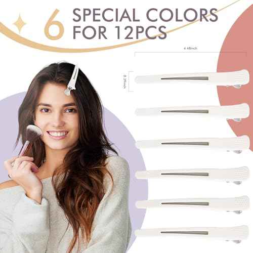 12PCS Hair Clips for Styling Sectioning - Non Slip No Crease Duck Billed Hair Clips for Women with Silicone Band - Professional 4.3 Inch Large Salon Hair Cutting Clips for Hairdresser - White