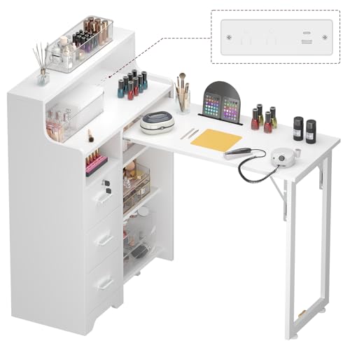 Foldable L-Shape Manicure Table with Storage Drawers & Charging Station