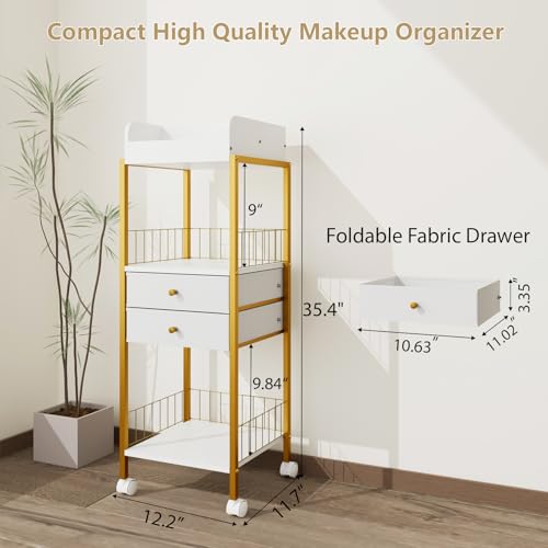 Lurcns Gold Makeup Organizer Cart with Drawers & Wheels - Vanity Storage Solution