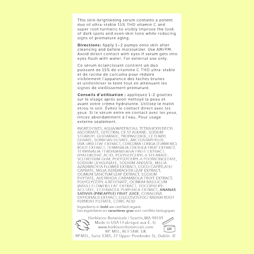 HERBIVORE Nova 15% Vitamin C + Turmeric Brightening Serum for Dark Spots, Hyperpigmentation + Even Skin Tone | Vegan, Plant-Based, Cruelty-Free, 30 mL / 1 oz