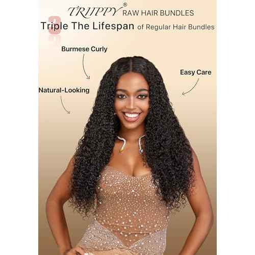 TRIIPPY Real Raw Burmese Curly Bundles Human Hair,100% Burmese Raw Hair Sew in Weave Single Bundle,Triple The Lifespan Over Regular Virgin Hair Bundle,No.1 Raw Hair Brand On Amazon(22 Inch)