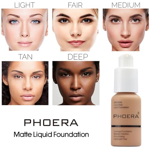 2 Pack PHOERA Foundation Buff Beige 104 and Face Primer,Liquid Full Coverage Foundation Set,Foundation Brush Powder Brush,5 Makeup Sponge,24HR Matte Oil Control Concealer (104- Buff Beige)