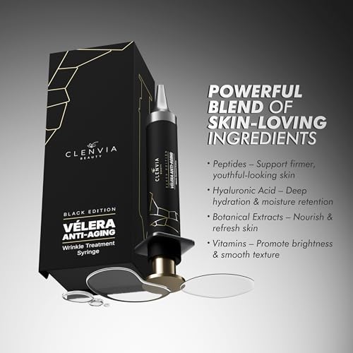 V?lera Anti-Aging Wrinkle Treatment Syringe ? Black Edition by Clenvia Beauty ? Advanced Line-Reduction & Skin-Firming Formula with Cucumber & Rhodiola ? 10ml Precision Applicator