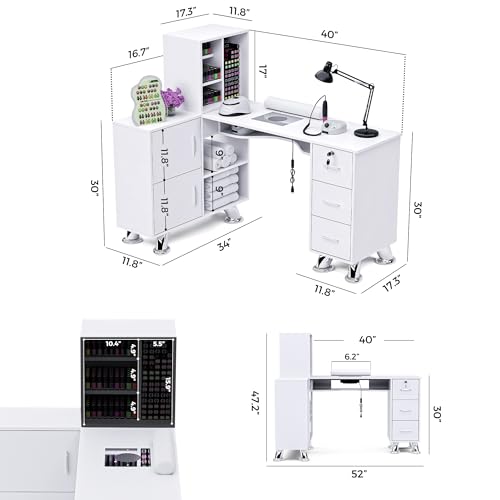 L-Shaped Nail Station with Dust Collector - White Salon Table