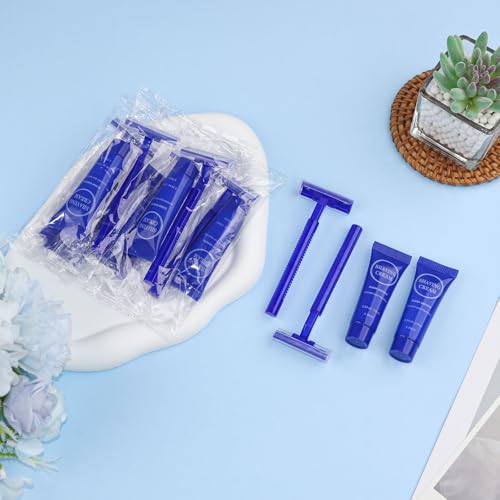 Disposable Razor Shaving Cream Set, Individually Wrapped Manual Twin Blade Shaving Razors in Bulk with Mini Smooth Shaving Cream Toiletries for Hotel Charity Camping Travel Homeless 0.34oz (10 Pack)