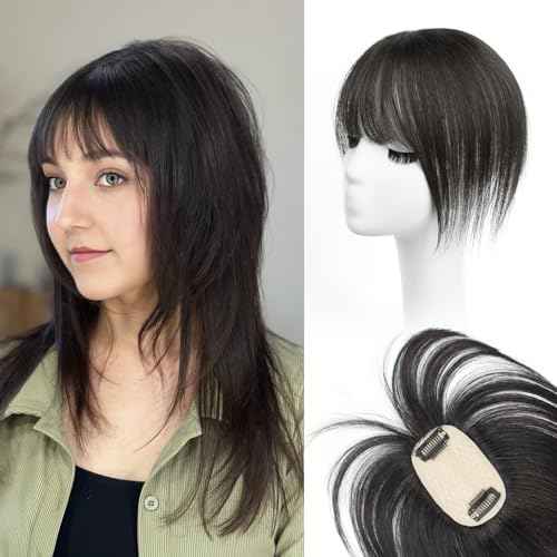 Short Hair Toppers for Women, Real Human Hair Toppers with Bangs, Clip in Human Topper for Thin hair, Thinning Crown Wiglets Hair Pieces Small Top Base 1.9"¡¿3.5" 8 Inch,0.7oz,1B Natural Black