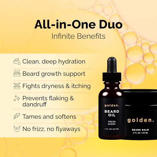 Golden Grooming Beard Bundle for Black Men | Natural Beard Growth Kit with Shea Butter | 2oz Balm & 1oz Oil, Fresh Scent