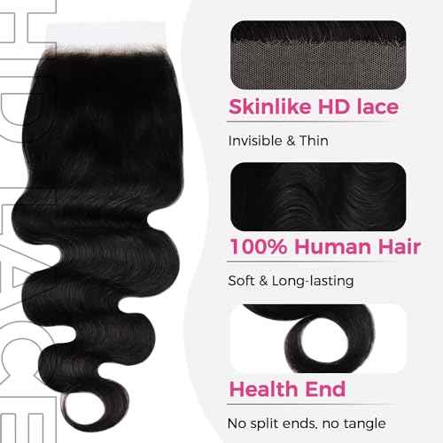 Lashey 5x5 SKINLIKE Real HD Lace Closure Body Wave, 0.10mm Ultra-Thin Human Hair Closure Pre Bleached Knots Pre Plucked Invisible Hairline 12 Inch Natural Black