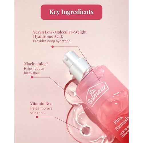 DR. BELMEUR Pink Blemish Calming Serum (1.7fl oz) - Hydrating, Soothing Korean Skin Care for Sensitive Skin. Vegan Hyaluronic Acid, Niacinamide.