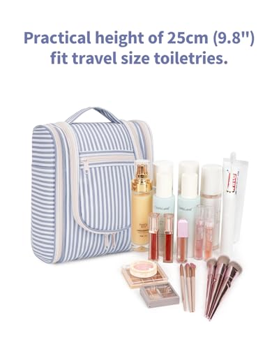 Narwey Hanging Travel Toiletry Bag for Women, Medium, Greyish Blue Stripe