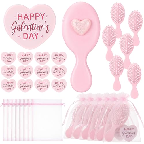 Yungyan 12 Set Galentine's Day Party Favors for Women Pink Heart-Shaped Mirror and Small Hair Brush with Organza Bag Party Supplies Cute Inspirational Gift Sets for Bestie Birthday Bridal Shower