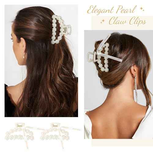 DEEKA Bridesmaid Proposal Gifts 8 Pack Pearl Bridesmaid Hair Claw Clips with Ribbon 3.7 Inch Large Hair Clips Bachelorette Party Favors Bridal Party Present Hair Accessories (Half Circle L)