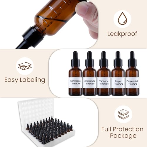 63 Pcs 1oz Amber Glass Dropper Bottles with Measurement, 30ml Leakproof Tincture Bottles with Funnels, Eye Droppers, Extra Caps & Labels, Refillable Empty Bottle for Tinctures, Essential Oils