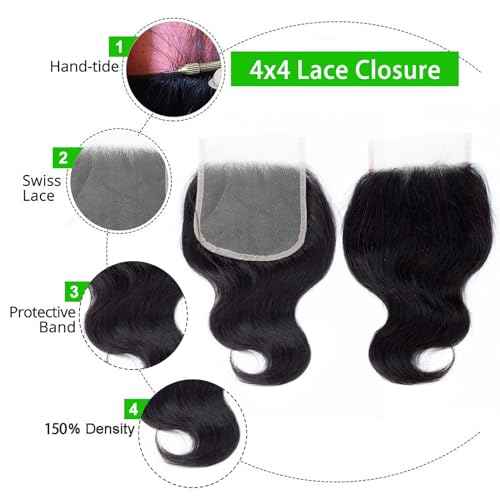 Kapelli Hair Body Wave Bundles with Closure (12 14 16+10) Human Hair Bundles with Closure 100% Unprocessed Brazilian Virgin Remy Hair Extensions Real Human Hair for Women Quick Weave Natural Black