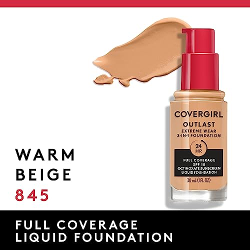 Covergirl Outlast Extreme Wear 3-in-1 Full Coverage Liquid Foundation, SPF 18 Sunscreen, Warm Beige, 1 Fl. Oz. (Pack of 2)