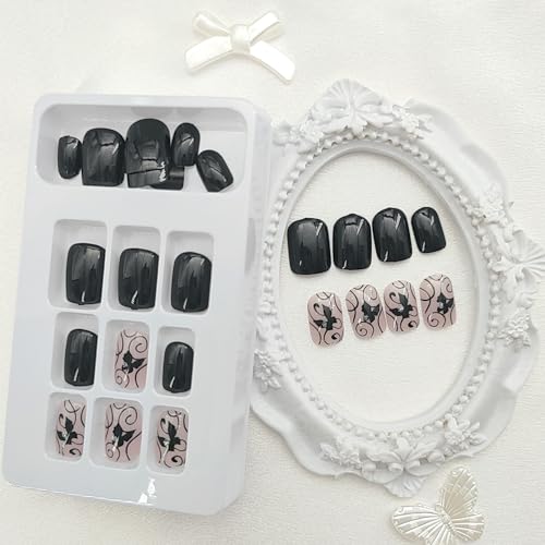 Press on Nails Short White French Tip Fake Nails Square False Nails with Straight Lines Designs Pink Full Cover Acrylic Nails Glossy & Gold Glitter Glue on Nails for Women 24Pcs