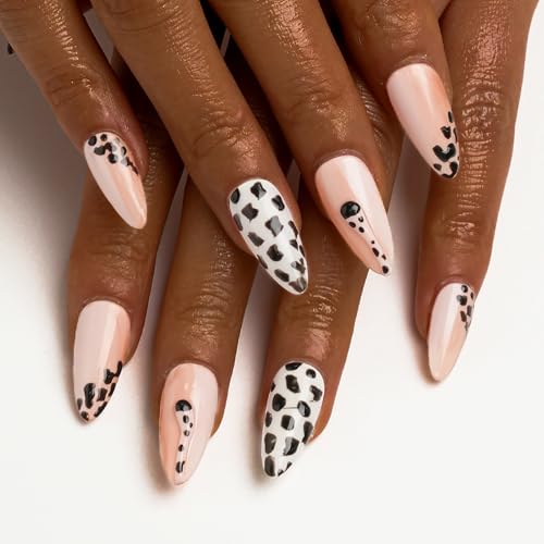 FORBELOVED NAILS,Nude Hand-pained Leopard Handmade Press On Nails,Medium Almond Glue On Nails,Charming 3D Texture Tails False Nails For Women And Girls,10Pcs/Set With Glue,(Nude-L),FOB