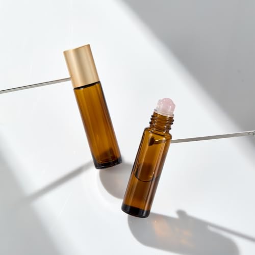 6 Pack Rose Quartz Roller Bottles for Essential Oils - 10ml Amber Glass