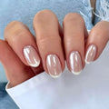 Stbisen 54-French Veil Short Oval Chrome Press On Nails 30PCS, Reusable Nude & White French Manicure