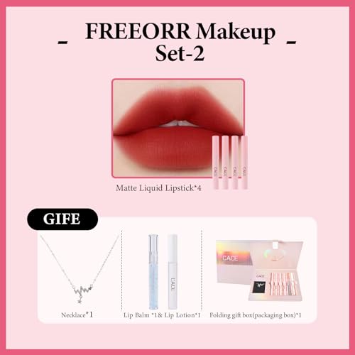Christmas Gift for Women, 7 Pcs Gift Box Set Include Matte Lipstick, Lip Balm, Lip Lotion and Necklace, Easy to Match with Different Makeup looks, Birthday Makeup Set Gift for Girls-02