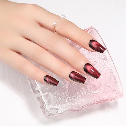 Stbisen Midnight Blaze Burgundy Cat Eye Press On Nails - Medium Coffin, Glossy Fake Nails, Reusable Acrylic, 32 Pcs