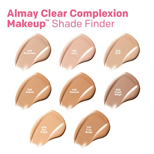 Almay Clear Complexion Acne Foundation Makeup with Salicylic Acid - Lightweight, Medium Coverage, Hypoallergenic, Fragrance-Free, for Sensitive Skin, 710 Natural Tan, 1 fl oz.