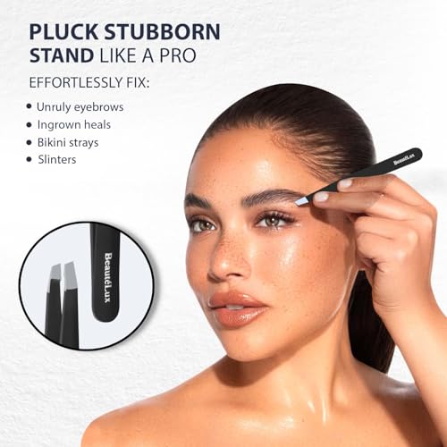 BeautéLux Black Premium Slant Tip Eyebrow Tweezer – Stainless Steel, Leather Case