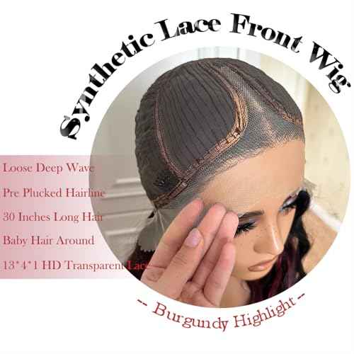 X-TRESS Red Highlight wig Synthetic Lace Front Wigs 30 Inch Loose Deep Wave Lace Frontal Wigs Pre Plucked Natural Black Deep Wave Wigs with Burgundy Highlight for Black Women with Baby Hair